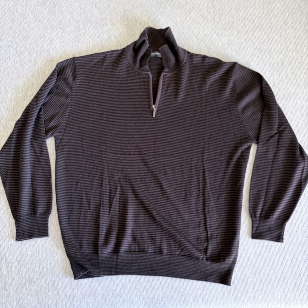Cotton‎ Reel Sweater Mens L Stripe Merino Wool Pullover 1/4 Zip Layering